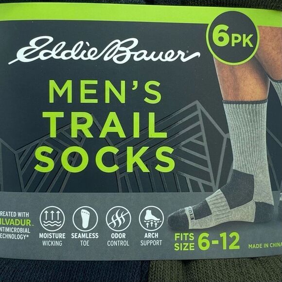 Eddie Bauer Men’s 6 PK Trail Socks 6-12 Black and Green - Picture 2 of 4